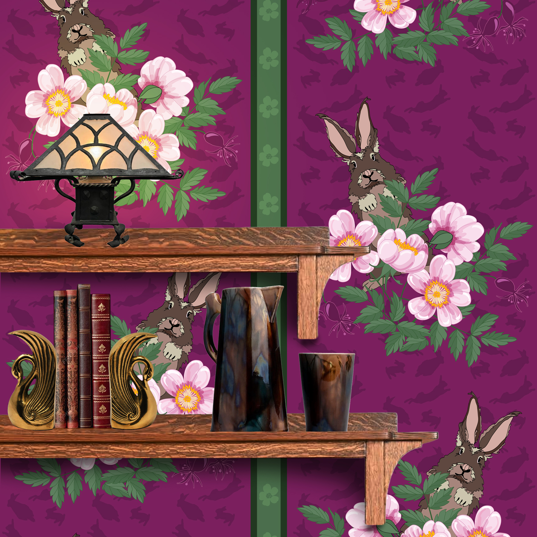 The artwork depicts a stylized brown hare partially concealed behind a cluster of green leaves and pink flowers with yellow centers. The background is dark green with subtle leafy patterns. Two vertical stripes—one dark purple and one green with small floral motifs—run along the left side, contrasting with the otherwise naturalistic elements. The composition balances the lively flora and fauna with a decorative, patterned design. The wallpaper design is shown behind a Mission style shelf.